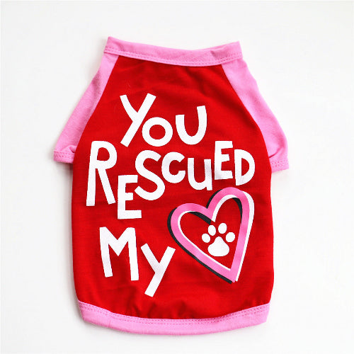 Red pet shirt with pink trim and text 'You Rescued My Heart' on a white background