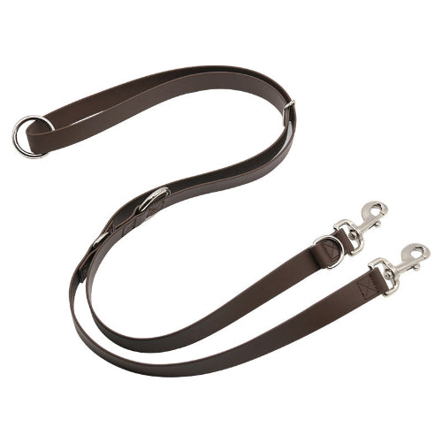 Brown leather strap with silver hardware on a white background