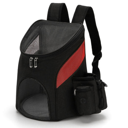 Black pet carrier backpack with a red stripe on a white background