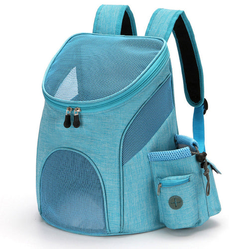 Blue pet carrier backpack on a white background