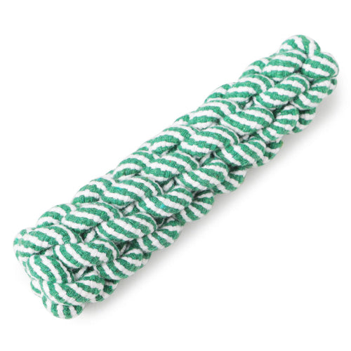 Green and white rope toy on a white background