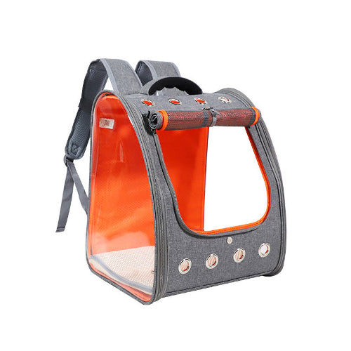 Gray and orange pet carrier backpack on a white background