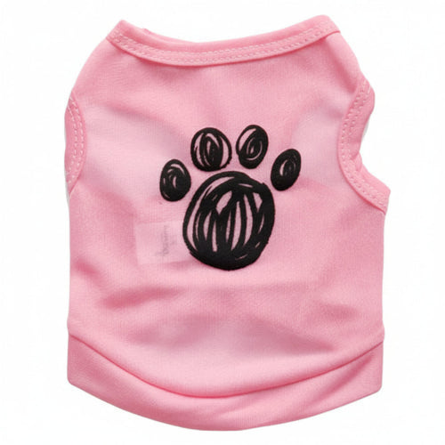 Pink pet shirt with black paw print and 'make your mark' text on a white background