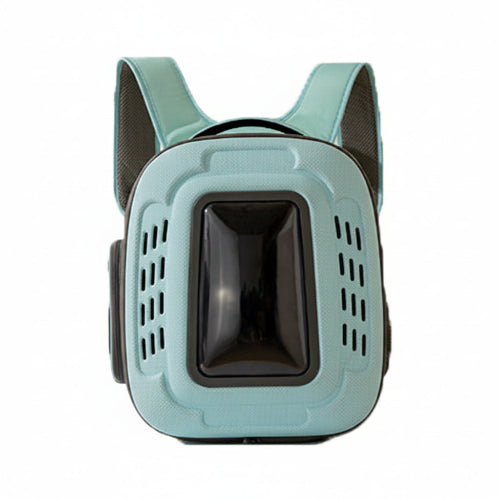 Pet carrier with a teal exterior and black interior on a white background