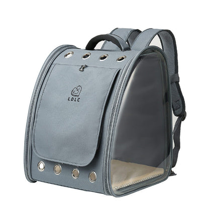 Gray pet backpack with clear front panel on a white background