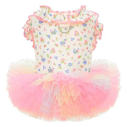 Floral Princess Cat Tutu Dress with Leash D Ring