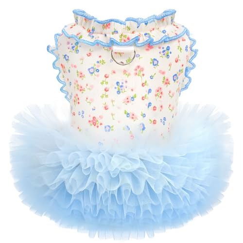 Children's outfit with floral top and blue tutu skirt on a white background